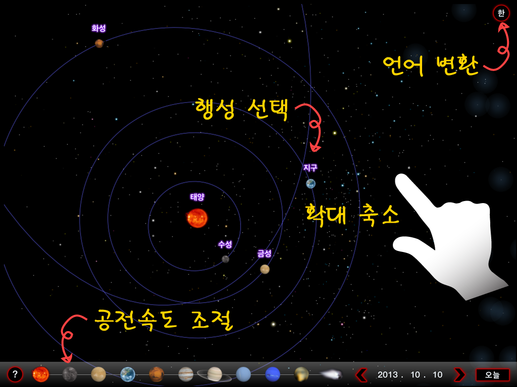 MarbleS - Our Solar System Screenshot : 기능소개 1.언어변환, 2.행성선택, 3.확대/축소, 4.공전속도 조절