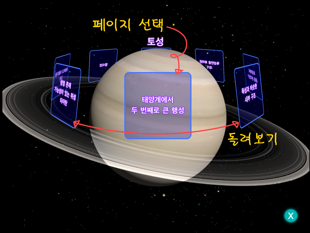 MarbleS - Our Solar System Screenshot : 행성상세기능 1.정보페이지 선택, 2.정보 돌려보기(태양계에서 두번째로 큰행성, 생명존재 가능성이 있는 위성 타이탄, 목성과 비슷한 내부 구조,  탐사선 등)