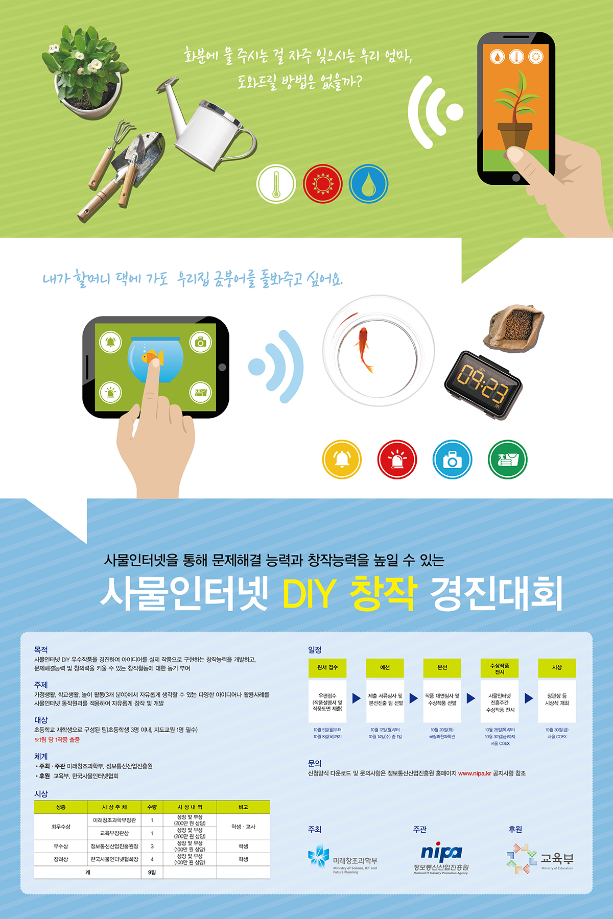 화분에 물주시는 걸 자주 잊으시는 우리 엄마, 도와드릴 방법은 없을까? 내가 할머니 댁에 가도 우리집 금붕어를 돌봐주고 싶어요. 사물인터넷을 통해 문제해결 능력과 창작능력을 높일 수 있는 사물인터넷 DIY 창작 경진대회, 자세한 내용은 본문 내용을 참조하여 주시기 바랍니다(기타 내용은 정보통신산업진흥원 홈페이지 www.nipa.kr 공지사항 참조)
