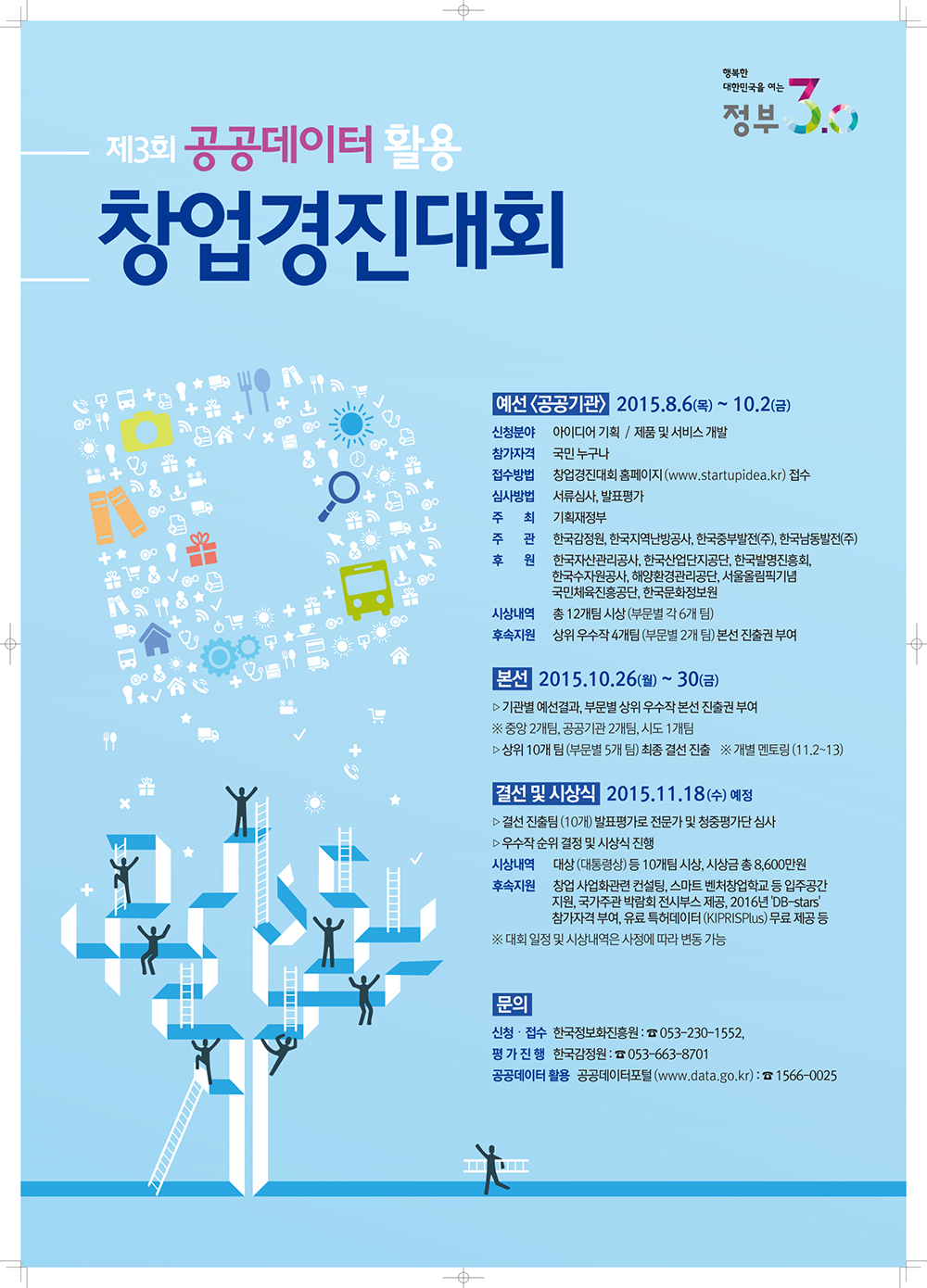 제 3회 공공데이터 활용 창업경진대회 자세한 내용은 아래의 동일한 내용을 참고하여 주시기 바랍니다 : 예선 2015.8.6(목)~10.2(금), 본선 2015.10.26(월)~30(금), 결선 및 시상식 2015.11.18(수 예정), 문의 공공데이터포털 www.data.go.kr(1566-0025)