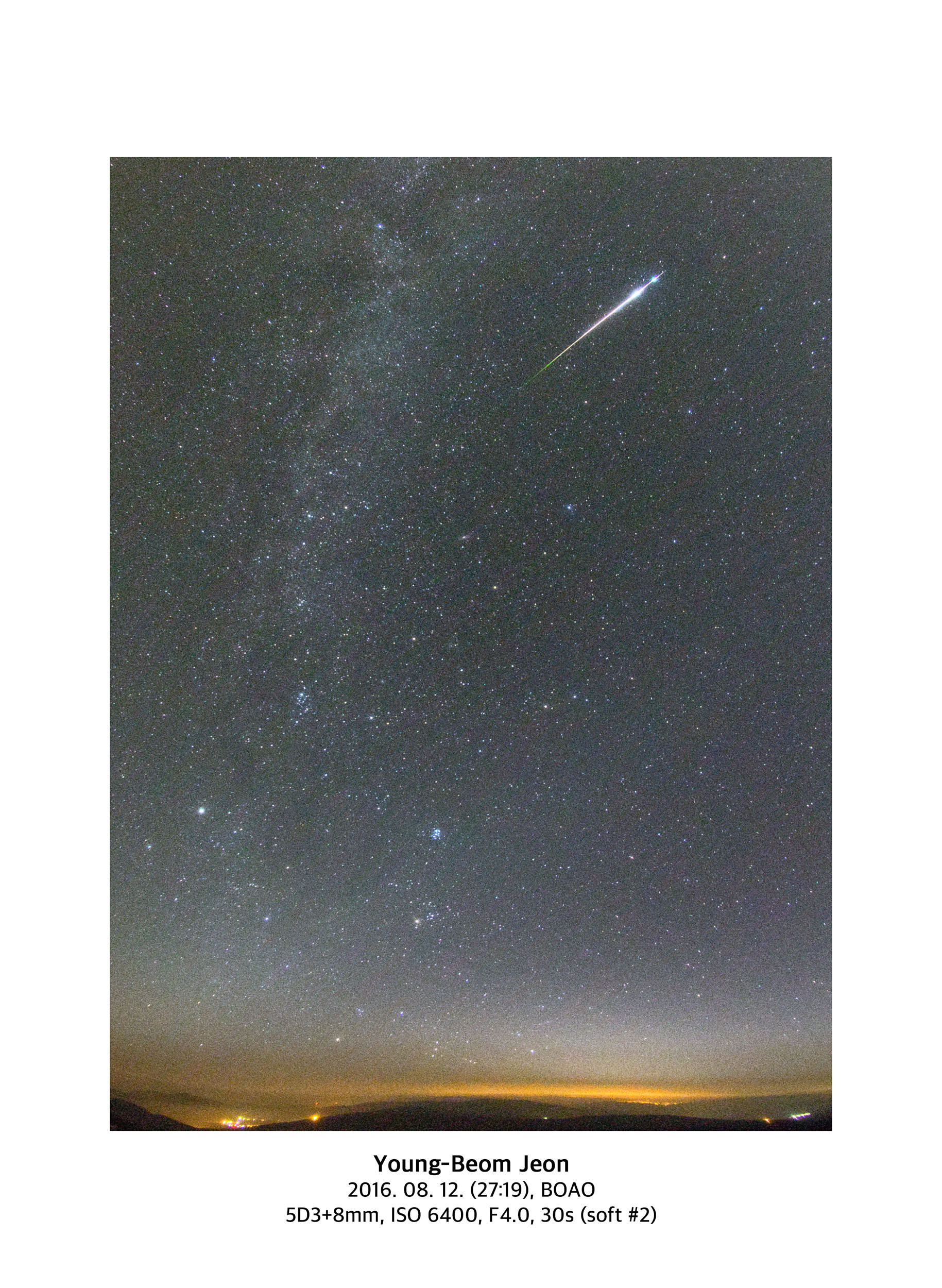 페르세우스 유성우를 찍은 사진입니다. Young-Beom Jeon 2016.08.12. (27:19), BOAO 5D3+8mm, ISO 6400, F4.0, 30s (soft #2)