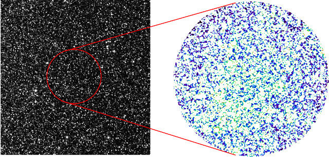 MIRIS 황북극 방향 광역 탐사 관측 영상 중 1.6 µm 필터 영상(왼쪽)과 감시 관측 영역의 영상에서 별 등을 제거한 영상(오른쪽). 