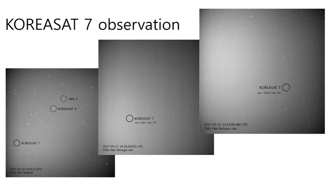 KOREASAT 7 observation : 2017년 5월 발사한 정지궤도위성 KOREASAT 7의 OWL-Net 관측영상 (왼쪽부터 각각 대덕 테스트베드, 몽골, 보현산 사이트에서 관측한 영상임)