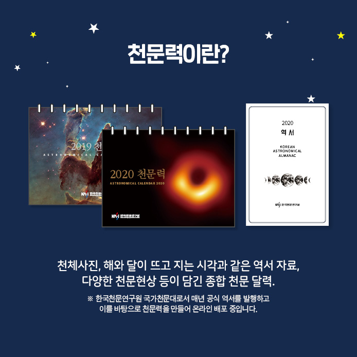천문력이란? 천체사진, 해와 달이 뜨고지는 시각과 같은 역서자료, 다양한 천문현상 등이 담긴 종합 천문 달력. ※한국천문연구원 국가천문대로서 매년 공식 역서를 발행하고 이를 바탕으로 천문력을 만들어 온라인 배포 중입니다