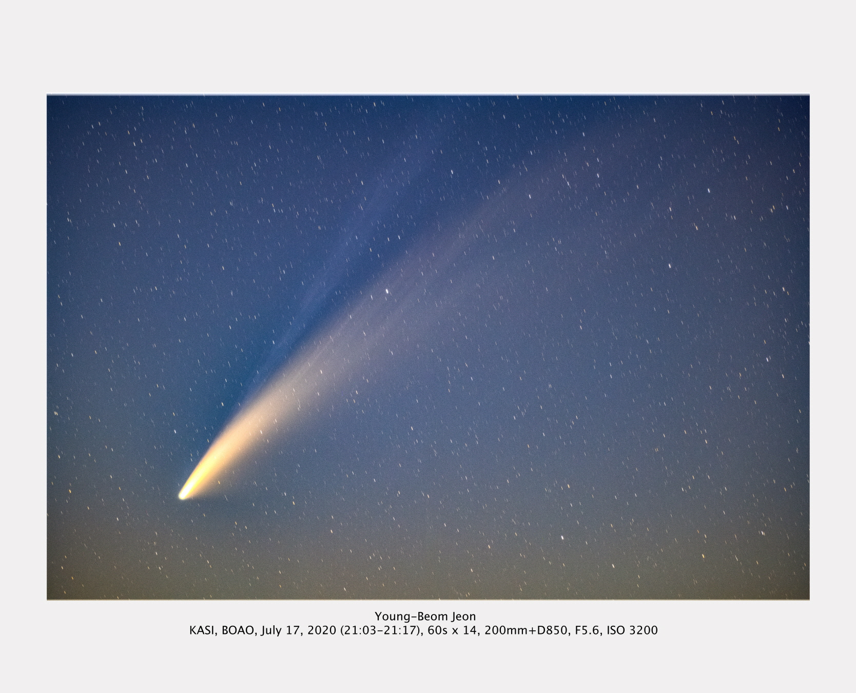 니오와이즈 혜성7_Young-Beom Jeon KASI, BOAO, July 17, 2020 (21:03-21:17), 60s X 14, 200mm+D850, F5.6, ISO 3200