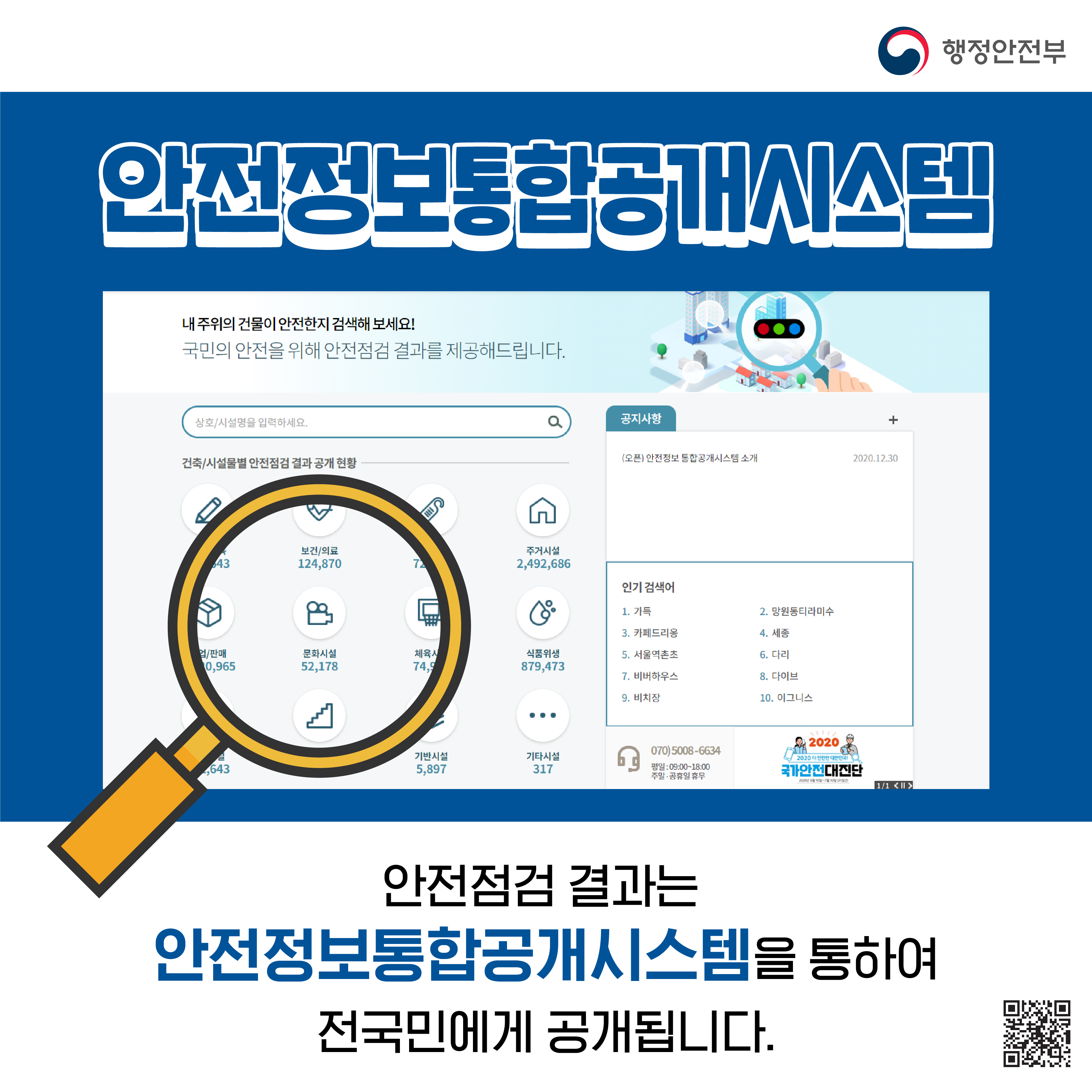행정안전부 / 안전정보통합공개시스템 / 안전점검 결과는 안전정보통합공개시스템을 통하여 전국민에게 공개됩니다.