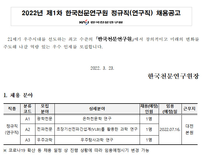 2022년 제1차 한국천문연구원 정규직(연구직)채용공고_채용분야