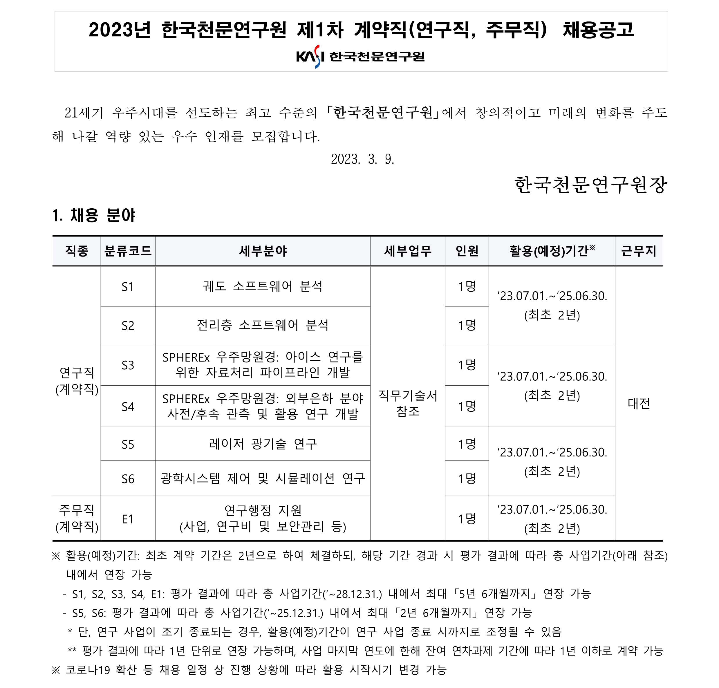 2023년 제1차 계약직(연구직,주무직) 채용공고_1