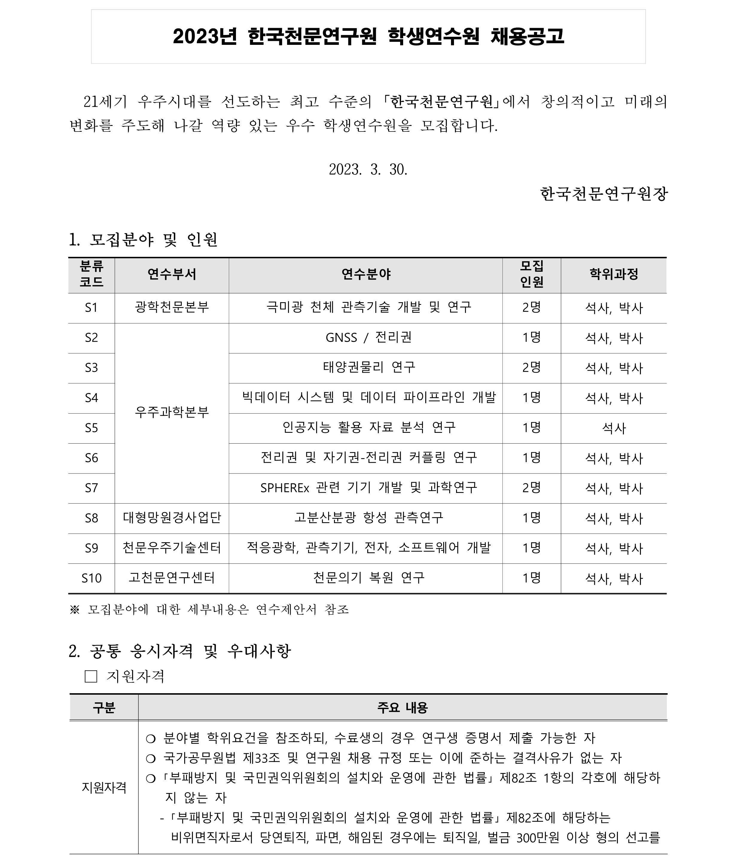 2023년 학생연수원 채용 공고문- 모집분야 및 인원, 공통 응시자걱 및 우대사항-지원자격
