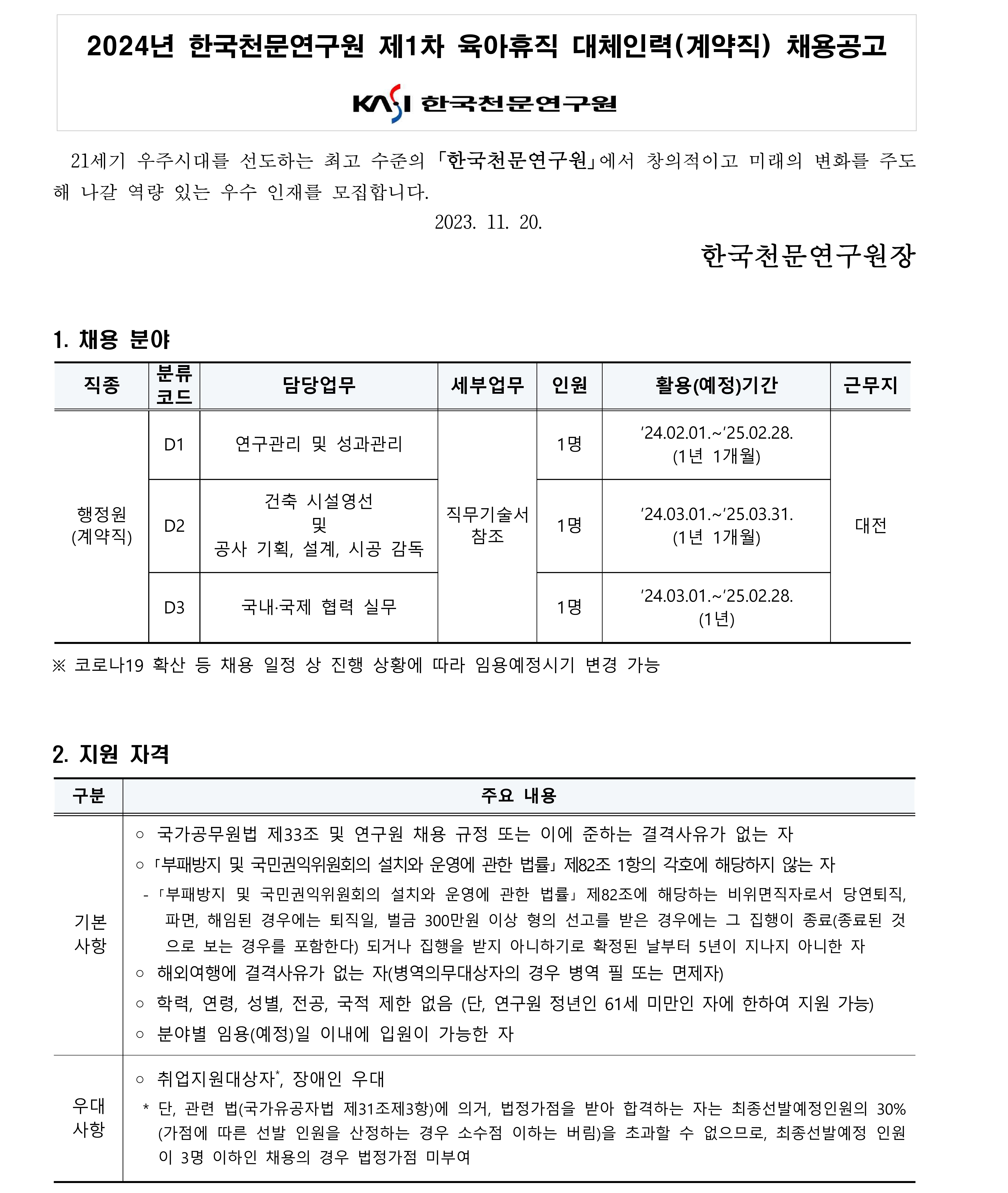 2024년 제1차 육아휴직 대체인력(계약직) 채용 공고_1