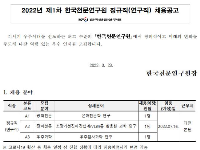 2022년 한국천문연구원 제1차 정규직(연구직) 채용공고