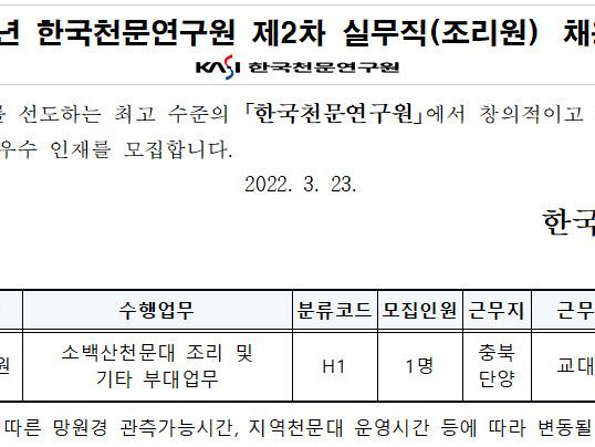 2022년 한국천문연구원 제2차 실무직(조리원) 채용공고