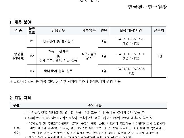 2024년 한국천문연구원 제1차 육아휴직 대체인력(계약직) 채용공고
