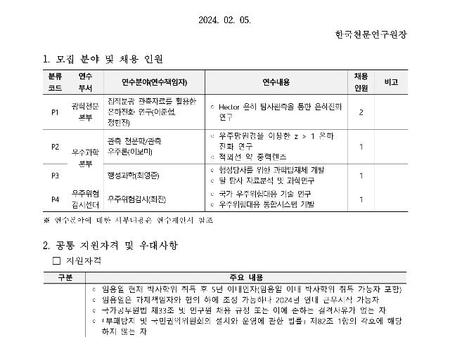 2024년 한국천문연구원 상반기 박사후연구원 채용공고