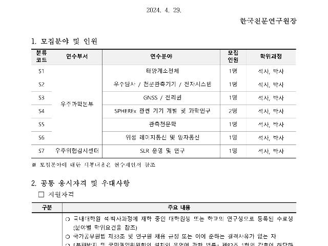 2024년 한국천문연구원 학생연수원 채용공고