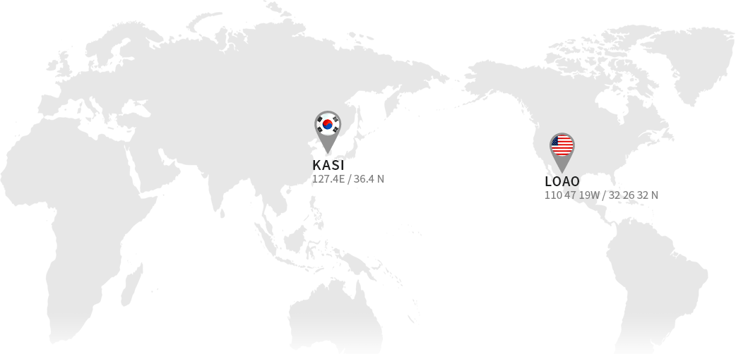 한국천문연구원과 레몬산천문대의 위치를 세계지도 위에 나타냈습니다. (한국천문연구원은 127.4E, 36.4N, 레몬산은 110 47 19W, 32 26 32 N입니다.)