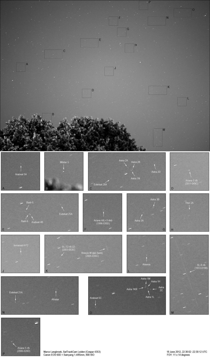 Dozens of satellites and space debris are detected on one picture, Marco Langbroek, SatTrackCam Leiden (cospar 4363)
