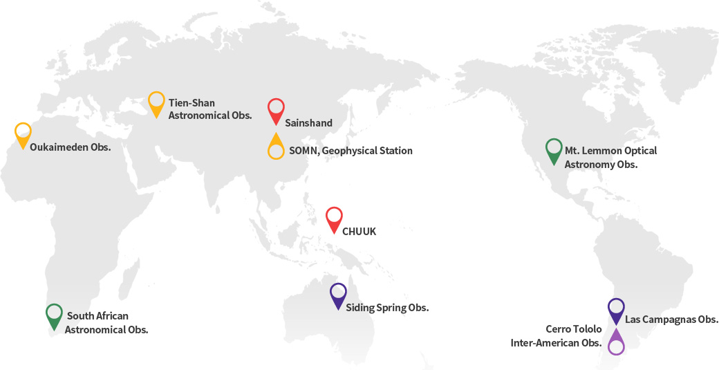Overseas의 Oukaimeden Obs, Tien-Shan Astronomical Obs, Sainshand, SOMN, Geophysical Station, CHUUK, Siding Spring Obs, Mt. Lemmon Optical Astronomy Obs, Las Campagnas Obs, Cerro Tololo Inter-American Obs의 각각 위치들을 나타내었습니다.