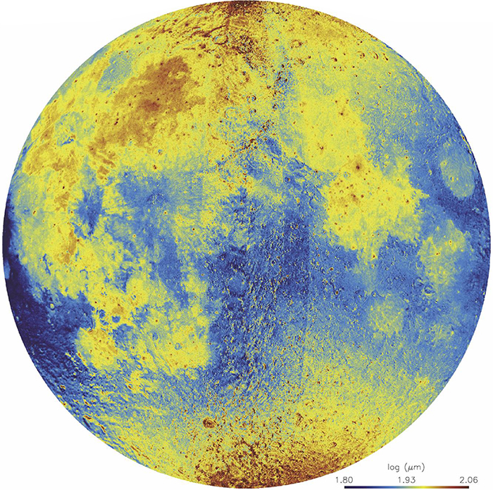 Histograms of median grain size [d] in maria (blue) and highlands (red) of the near side of the Moon. The distribution of [d] is presented as a function of selenographic latitude, which clearly shows the latitude-dependence of [d]