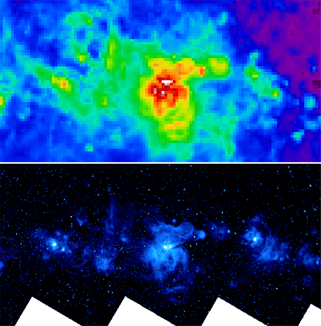 용골자리 성운(Carina Nebula) 영역에 대한 지상 관측 발머α선 영상(위, Finkbeiner 2003)과 MIRIS 우주관측카메라의 파셴α선 영상(아래)