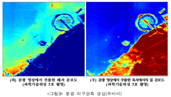 (좌)분광영상에서 추출한 해저 분포도(과학기술위성 3호 촬영) (우) 분광 영상에서 추출한 육지에서의 물 분포도(과학기술위성 3호 촬영), 그림3 분광 지구 관측 영상 (두바이)