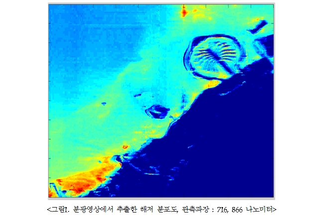 그림1 분광영상에서 추출한 육지에서의 물 분포도, 관측 파장 : 716,866 나노미터