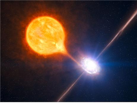 블랙홀은 주변의 동반성(노란색 별)의 물질을 끌어당기고 이중 일부는 주변에 원반을 현성하는데 이 물질이 어느 한계에 도달하면 수직 방향의 제트 분출이 일어난다.